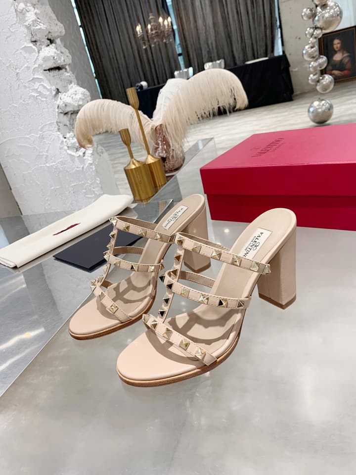Valentino Studded Classic Block Heel Sandals in Beige