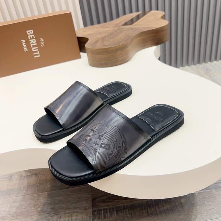 Berluti Hand-Painted Calfskin Slippers in Matte Black