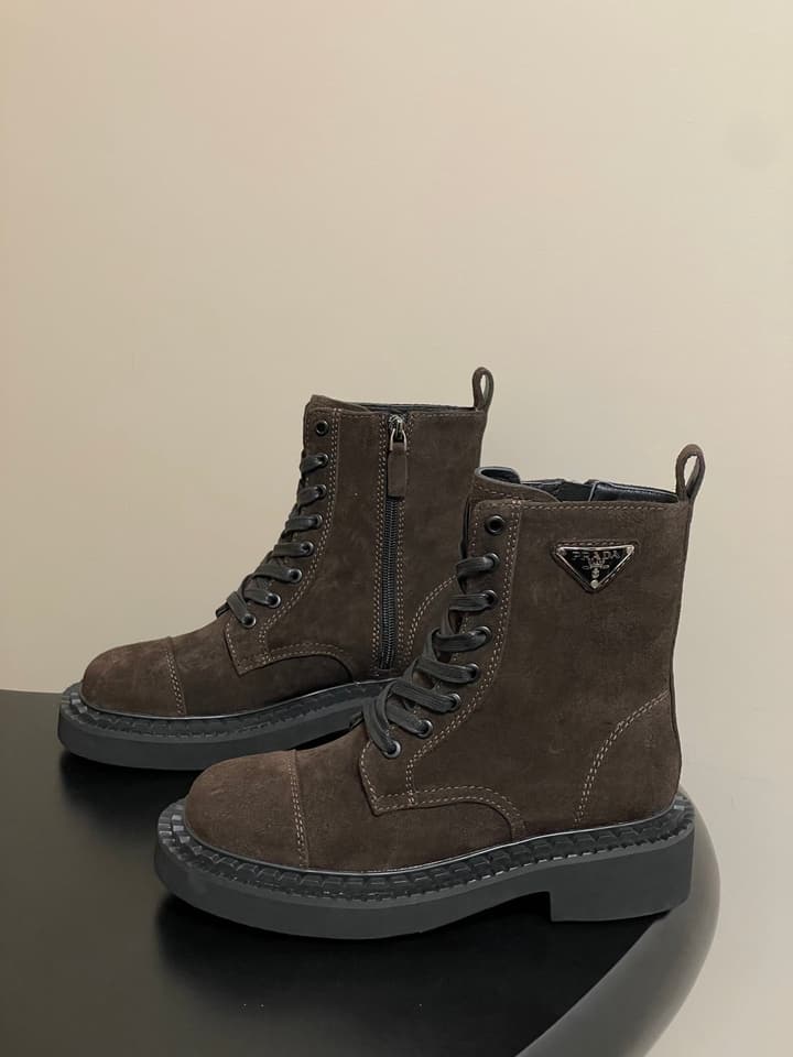 Prada Triangle Logo Combat Boots – 25SS in Black Suede
