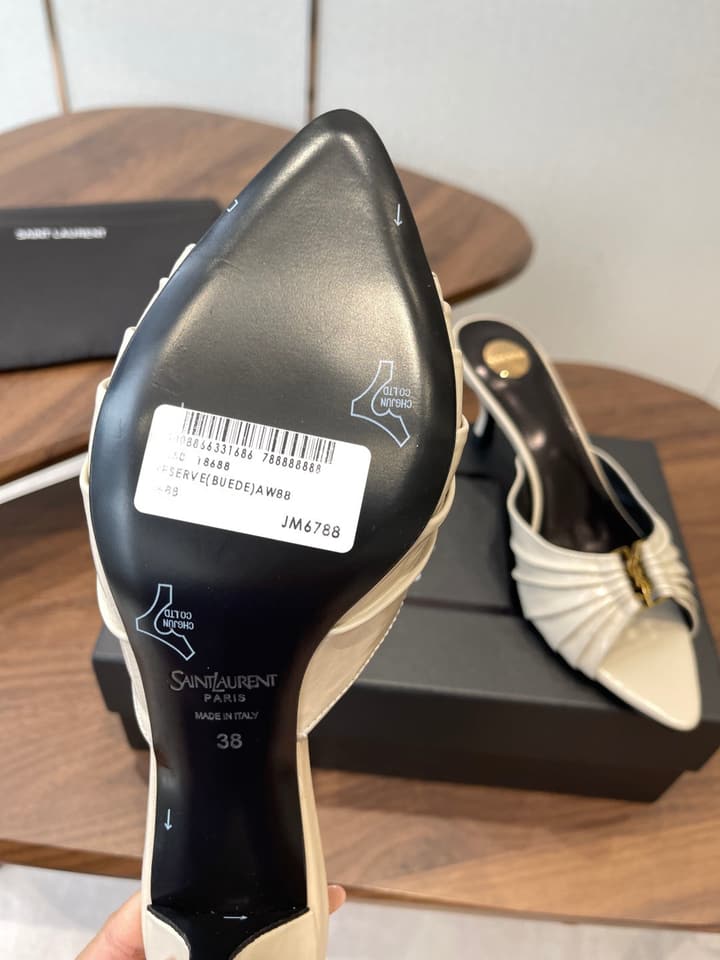 Saint Laurent Pointed Toe Stiletto Heeled Sandals – 26SS in Black - Gold Logo Plaque