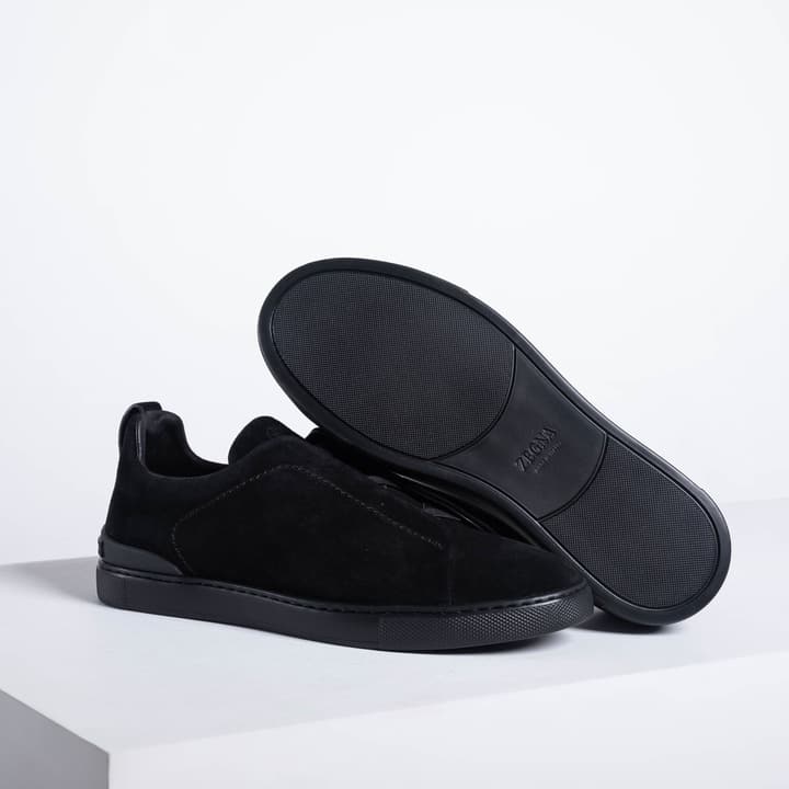 Zegna SECONDSKIN Triple Stitch Low-Top Sneakers in Navy Smooth Leather