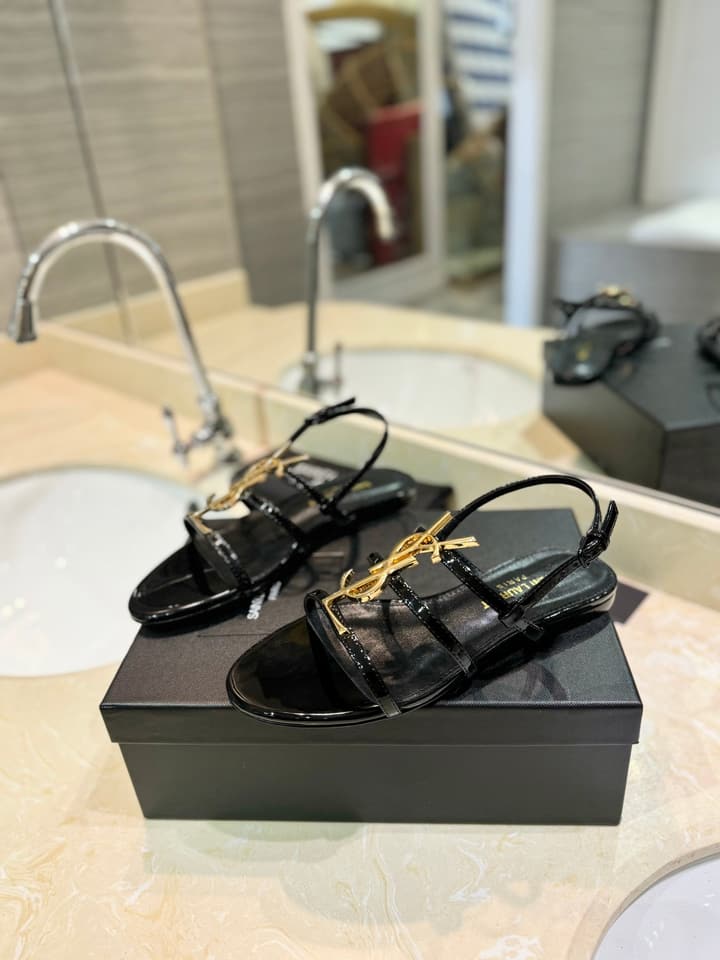 Saint Laurent YSL Metal Logo Heeled Sandals in Matte Black Criss-cross Strap Sandal