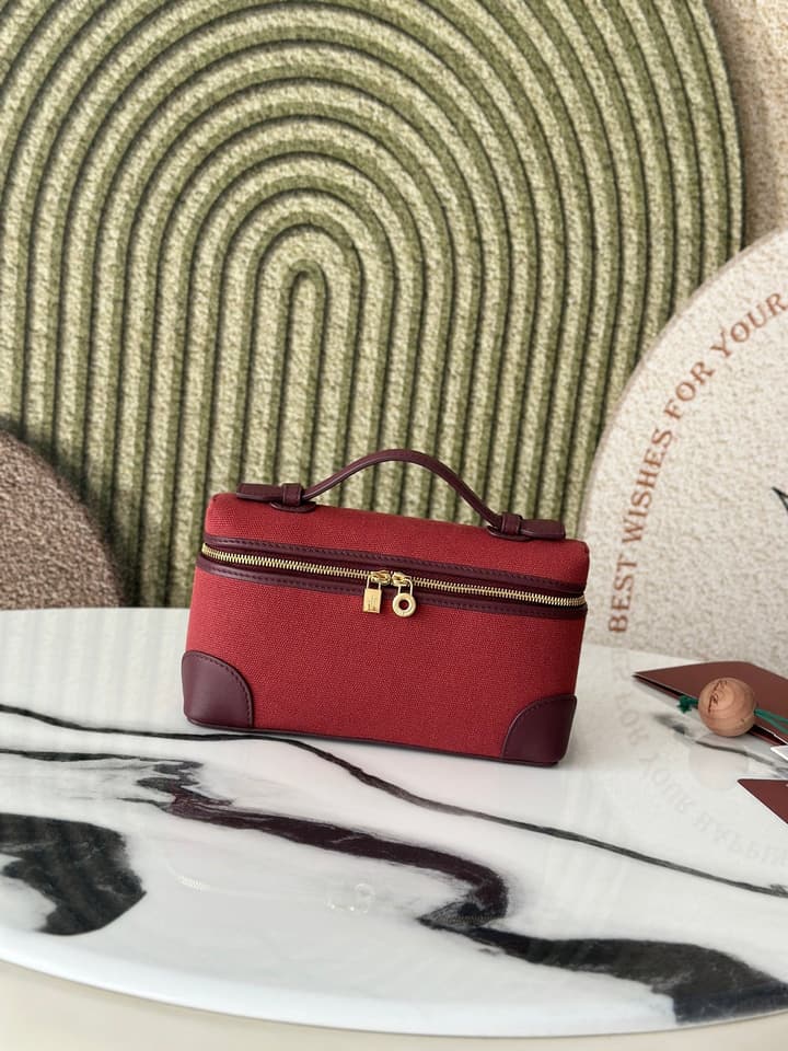 Loro Piana L19 Canvas Crossbody Bag – Spring/Summer Resort Collection in Beige Canvas With Burgundy Trim