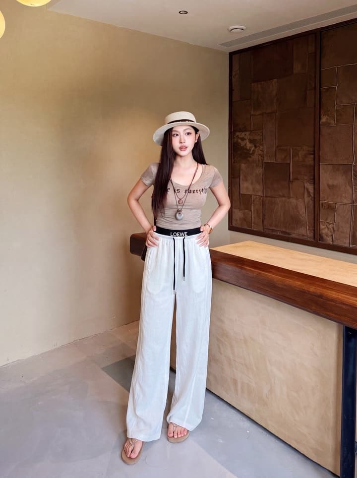 Loewe Embroidered Linen Casual Pants in Sky Blue