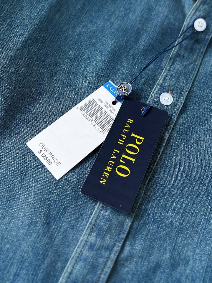 Ralph Lauren Washed Denim Shirt with Embroidered Logo in Dark Wash Denim Flat Lay