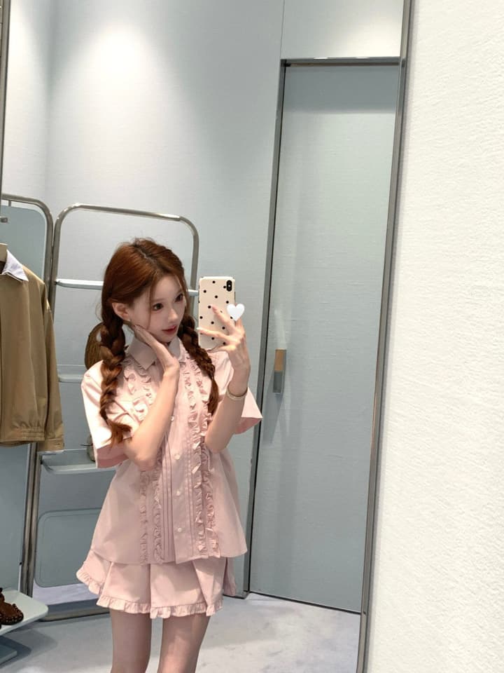 Miu Miu Embroidered Ruffle Shirt and Pleated Skort Set in Pink