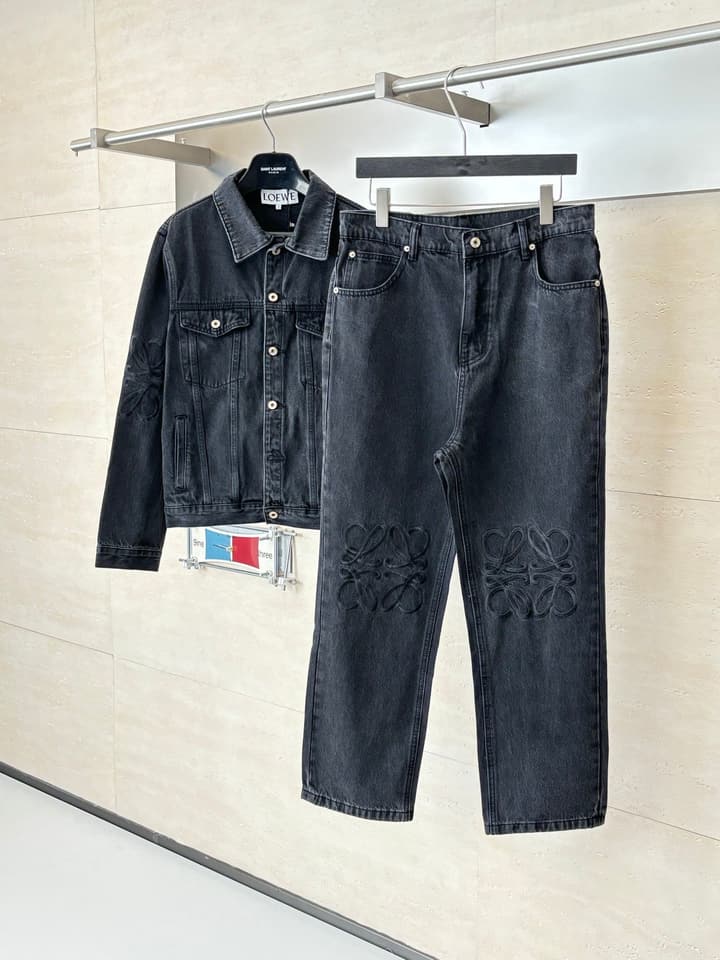 Loewe Anagram Embroidered Washed Distressed Jeans in Washed Black