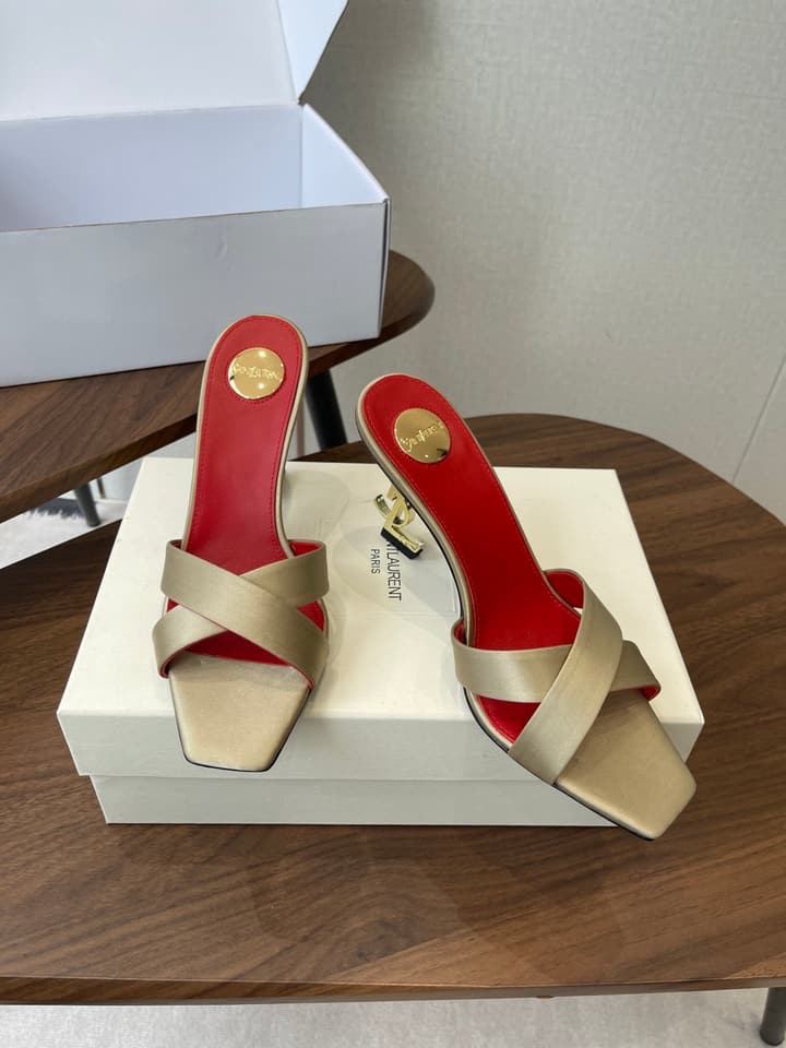 Saint Laurent Opyum Satin Heeled Mules – Early Spring Collection – 26S in Champagne Gold