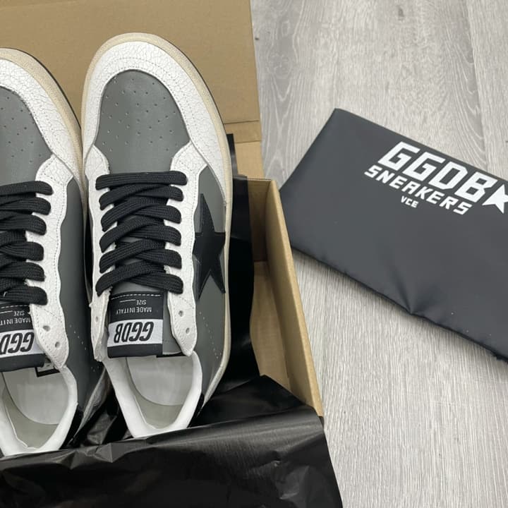 Golden Goose Ball Star Distressed Sneakers – 2023 Spring Collection in Grey Patchwork Black Star