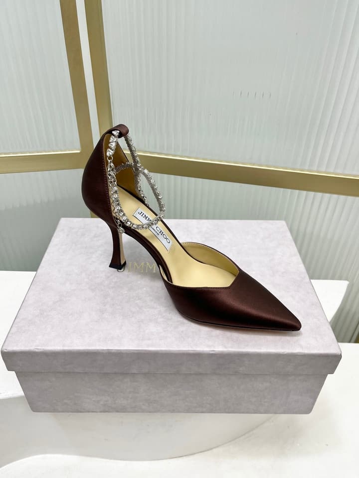 Jimmy Choo Stevie 100 Satin Bow Heels in Brown Satin