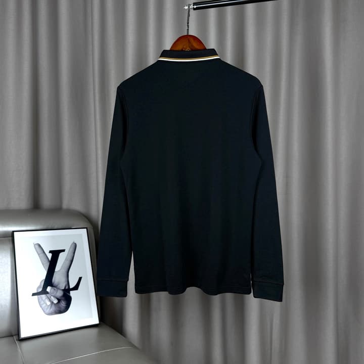 Moncler Classic Striped Collar Embroidered Long Sleeve Polo Shirt – Spring/Autumn Collection in Black With White Tipping (hanger)