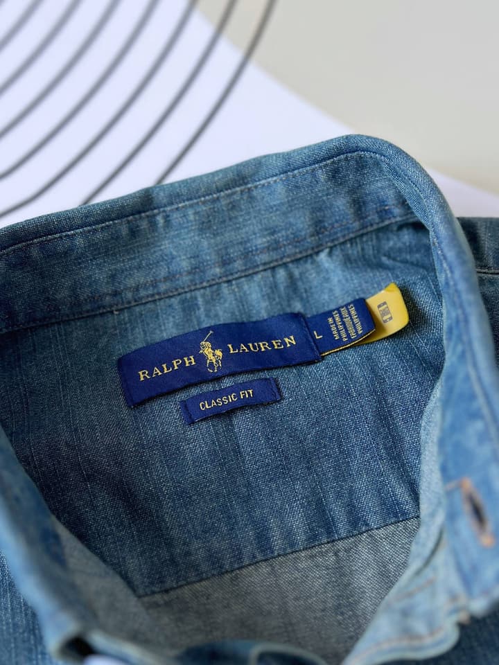 Ralph Lauren Washed Denim Shirt with Embroidered Logo in Dark Wash Denim Flat Lay