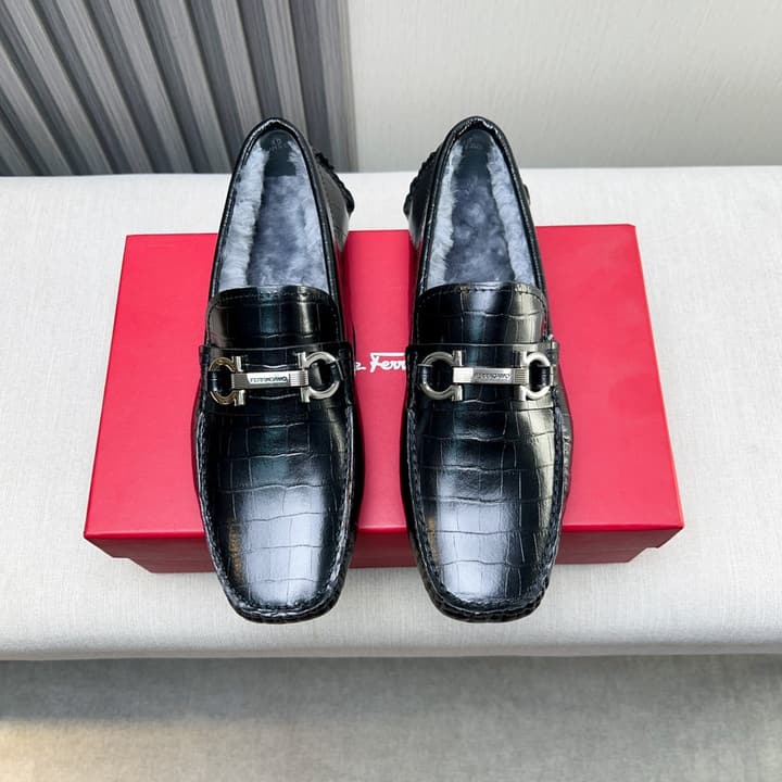 Ferragamo Imported Cowhide Fur-Lined Loafers in Black Patent Leather