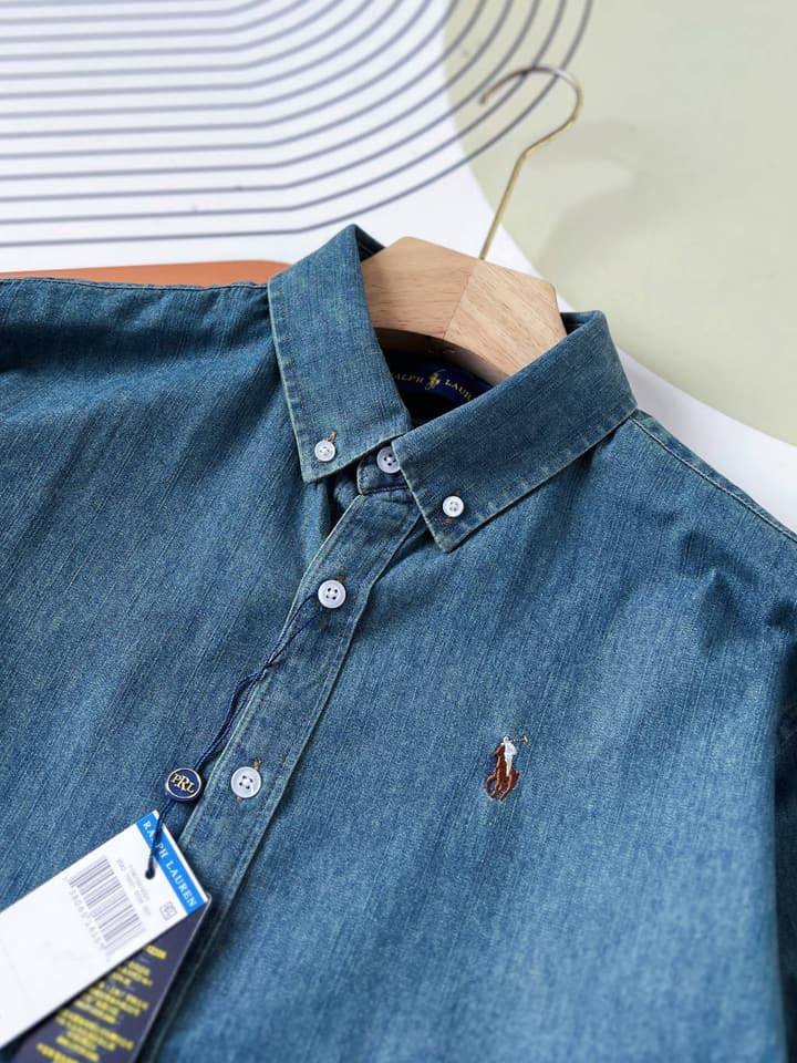 Ralph Lauren Washed Denim Shirt with Embroidered Logo in Dark Wash Denim Flat Lay