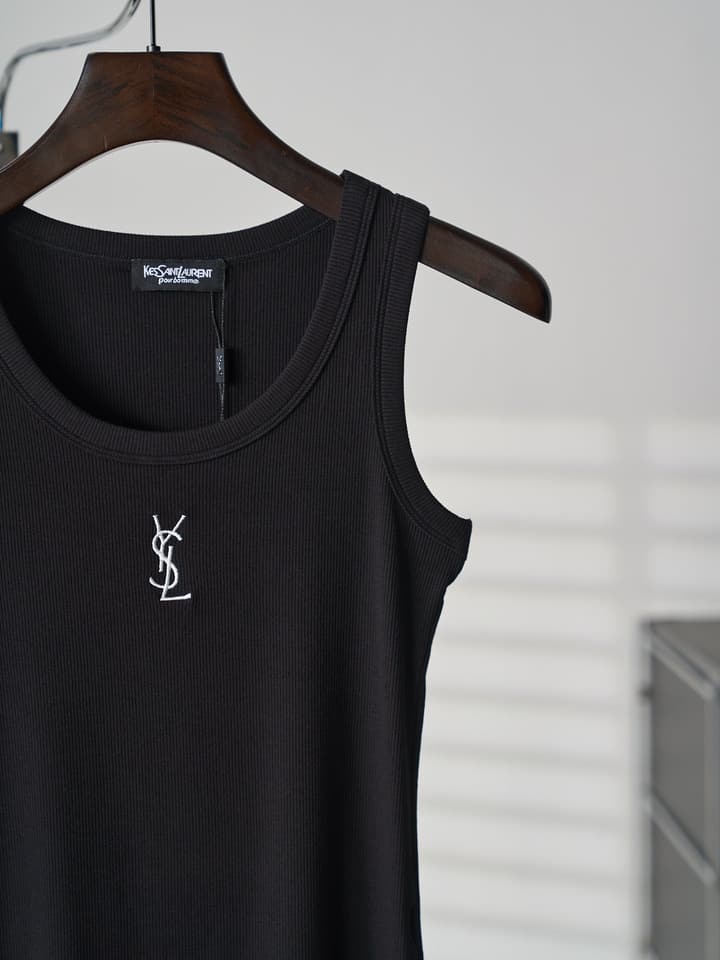 Saint Laurent YSL Embroidered Stretch Tank Top in Black