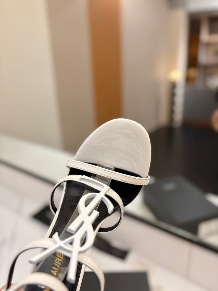 Saint Laurent YSL Logo Mirror Leather Heeled Sandals in Black With Black Logo