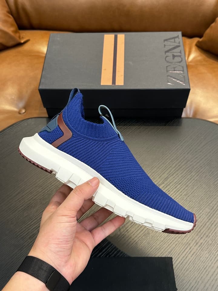 Zegna Techmerino Slip-On Sneakers in Dark Navy With Green Accent