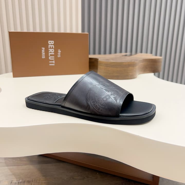 Berluti Hand-Painted Calfskin Slippers in Matte Black