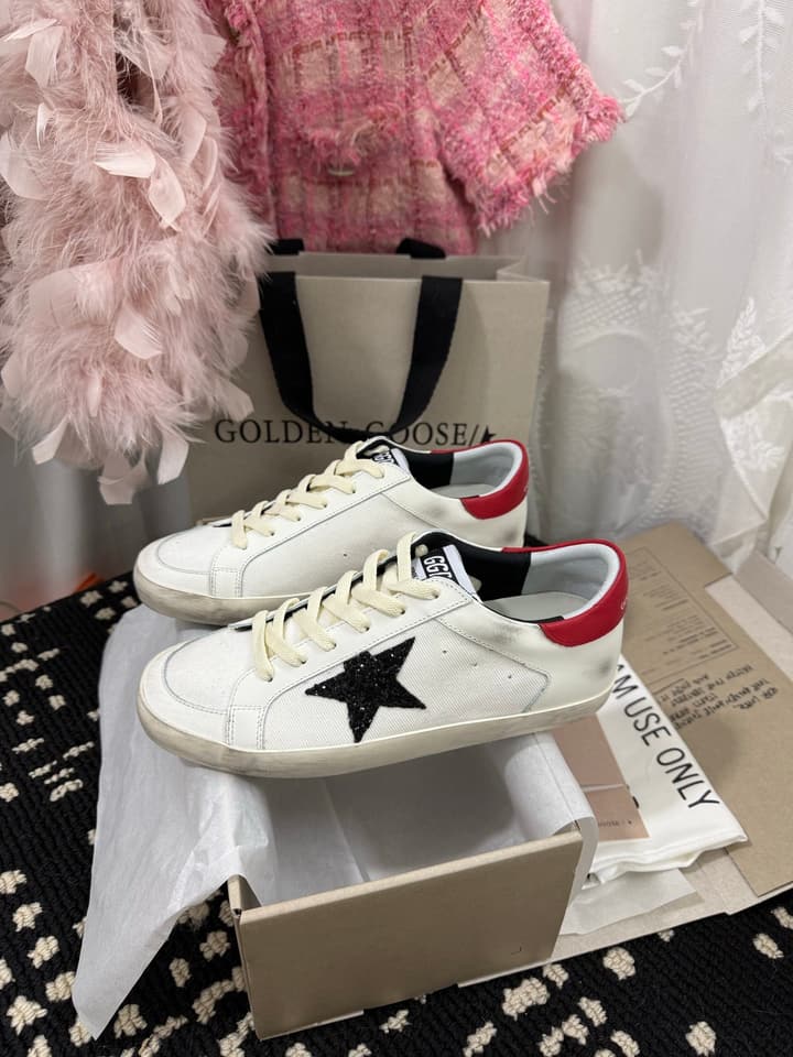Golden Goose Super Star Rhinestone Leather Sneakers in Grey Suede Black Leather White Star