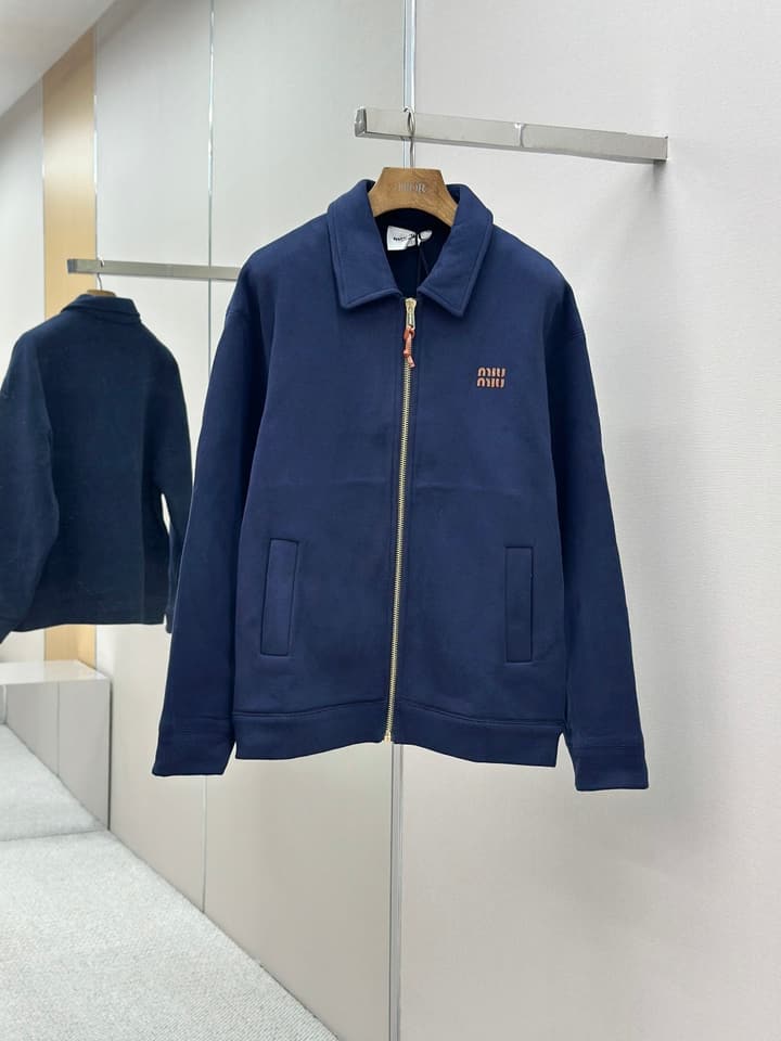 Miu Miu Embroidered Leather Patch Zipper Jacket in Dark Navy Blue