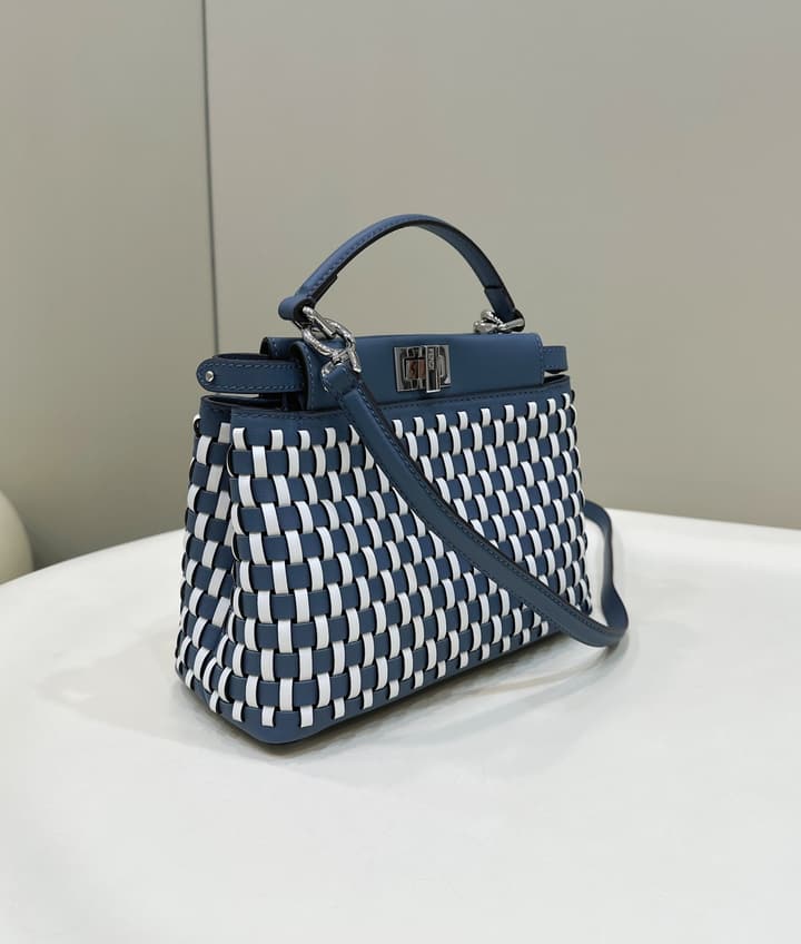 Fendi Iconic Peekaboo Small Woven Handbag in Navy Blue Woven Lattice