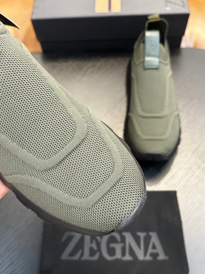 Zegna Techmerino Slip-On Sneakers in Dark Navy With Green Accent