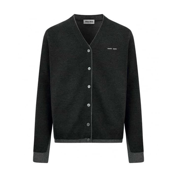 Miu Miu Inlaid Logo Knitted Cardigan in Black