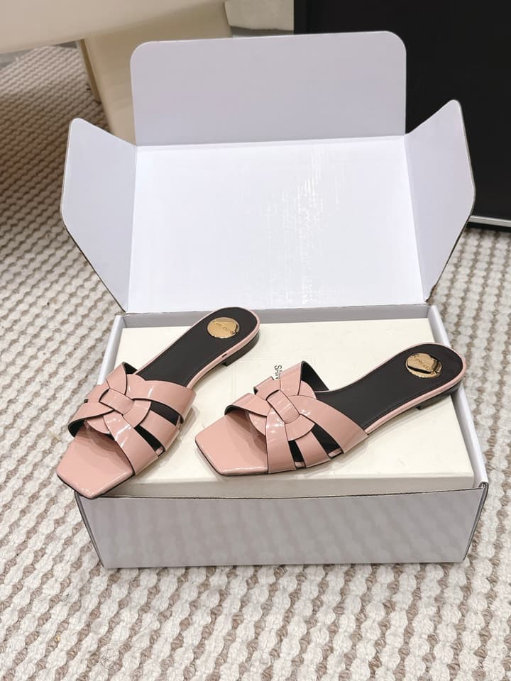 Saint Laurent Melody Square Toe Flat Sandals – 2026SS in Burgundy Patent