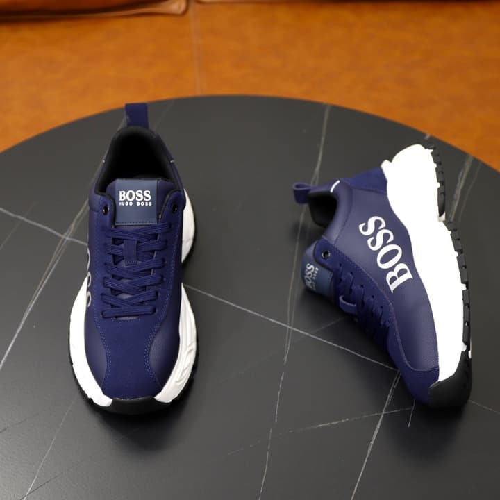 Boss Men's Luxury Running Sneakers in Black Mesh With White Sole