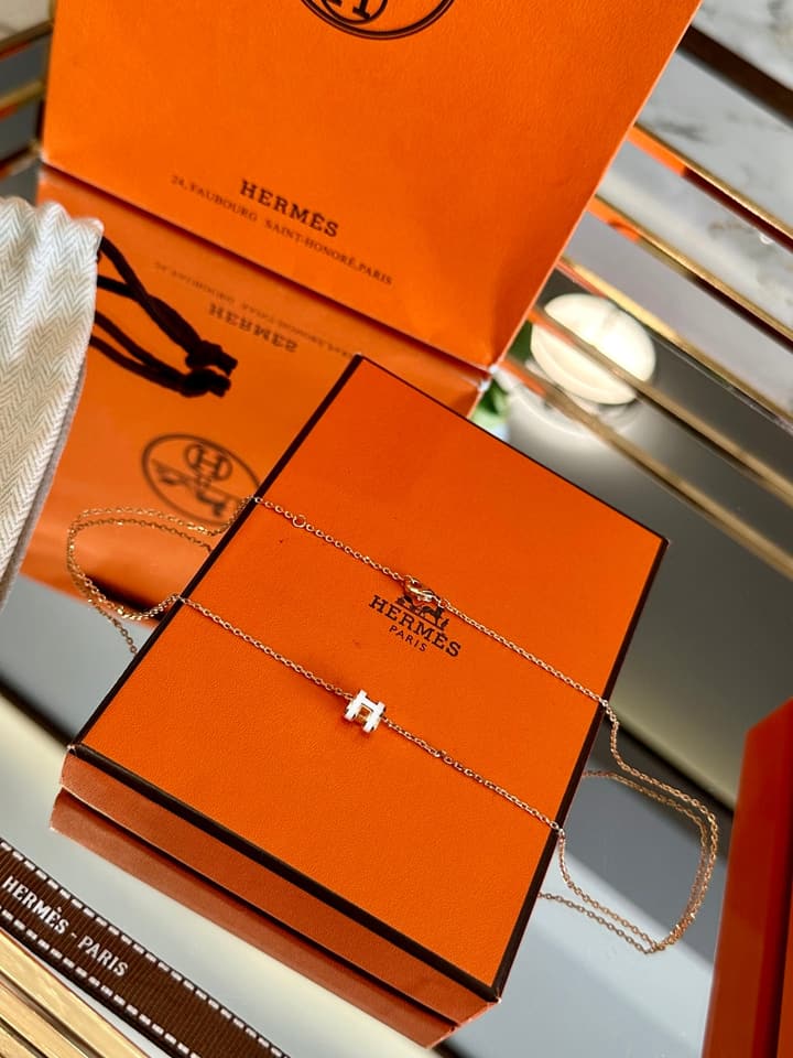 Hermès H-Letter Oval Enamel Necklace in Gold