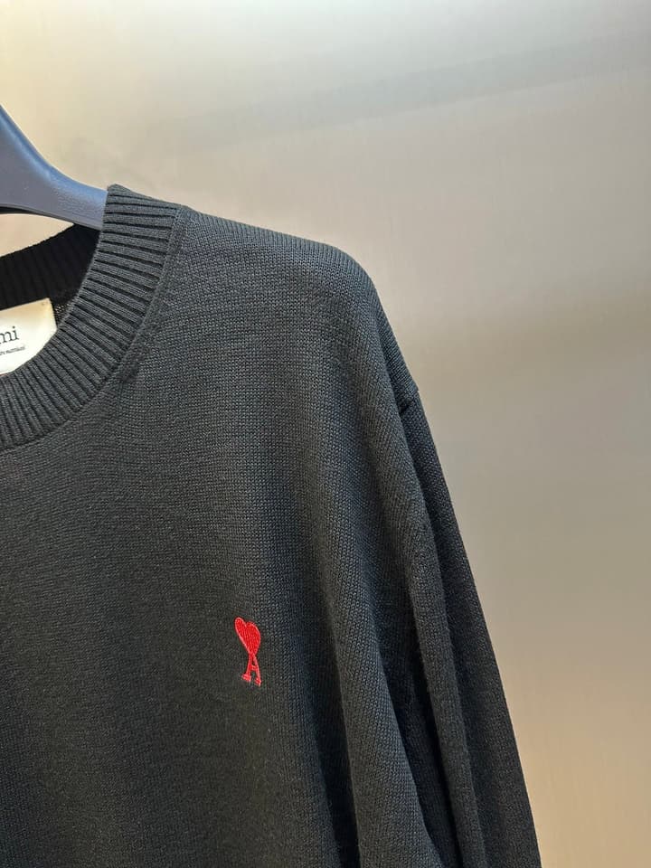 AMI Paris Heart Embroidery Merino Sweater in Classic Black