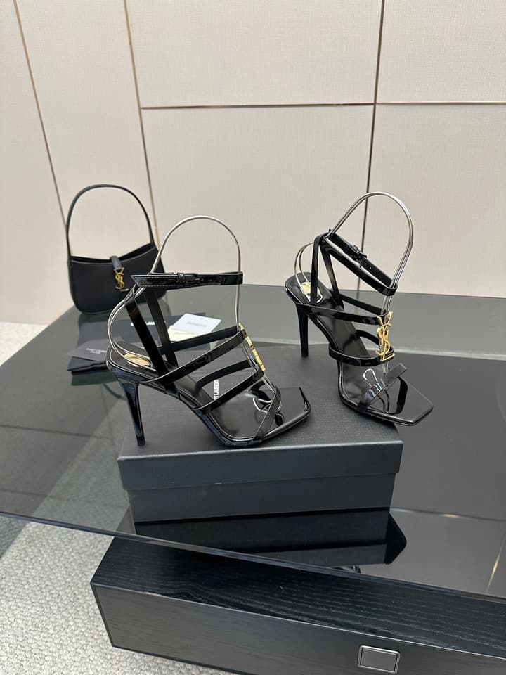 Saint Laurent Patent Leather Heeled Sandals in Bright Amber