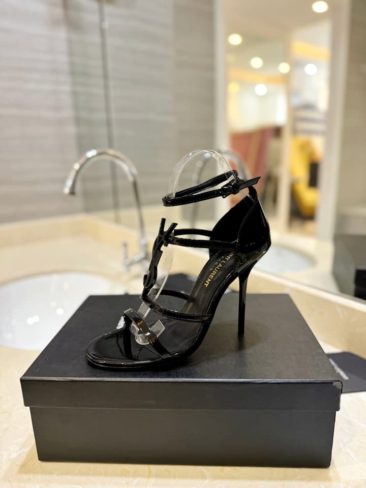 Saint Laurent YSL Logo Lacquer Heeled Sandals in Black Matte With Black Logo