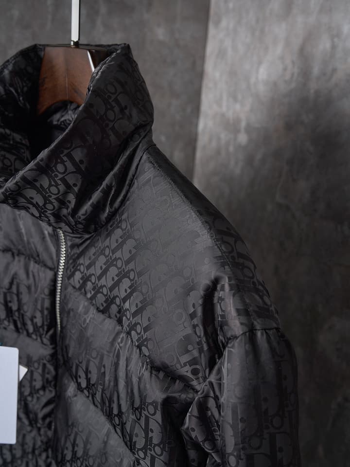 Dior Full Print Jacquard Stand Collar Puffer Jacket in Dark Gray Puffer Jacket