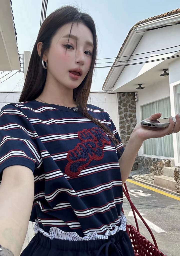 Miu Miu Embroidered Striped T-Shirt in Cream Striped