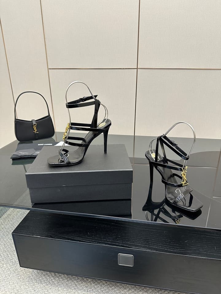 Saint Laurent Patent Leather Heeled Sandals in Bright Amber