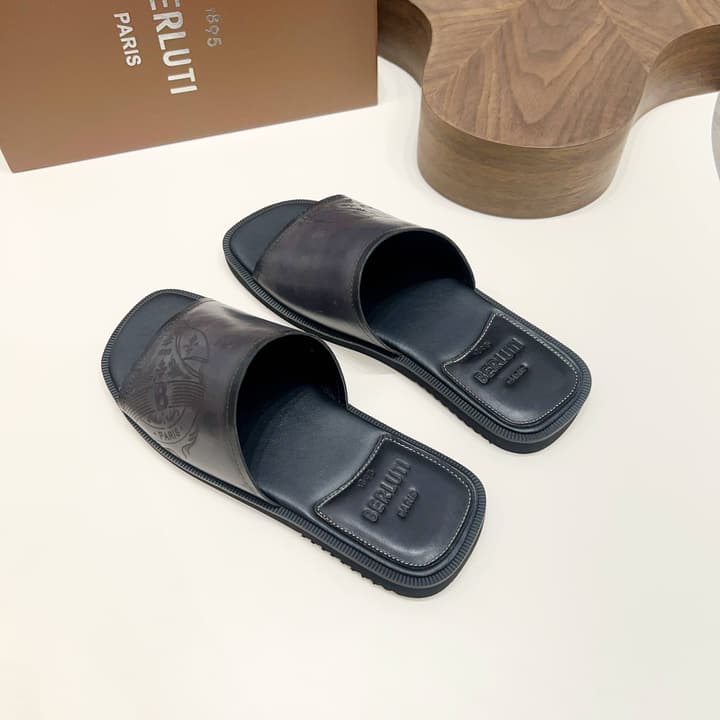 Berluti Hand-Painted Calfskin Slippers in Matte Black