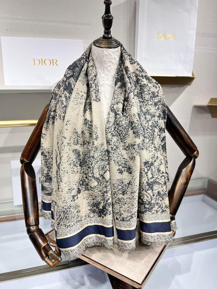 Dior Limited Edition Grey Shawl in Beige Blue Toile