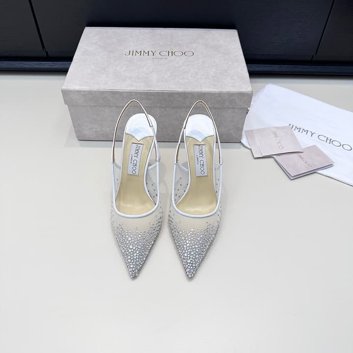 Jimmy Choo Mesh Rhinestone Slingback Heels – Spring/Summer Collection in Pure White