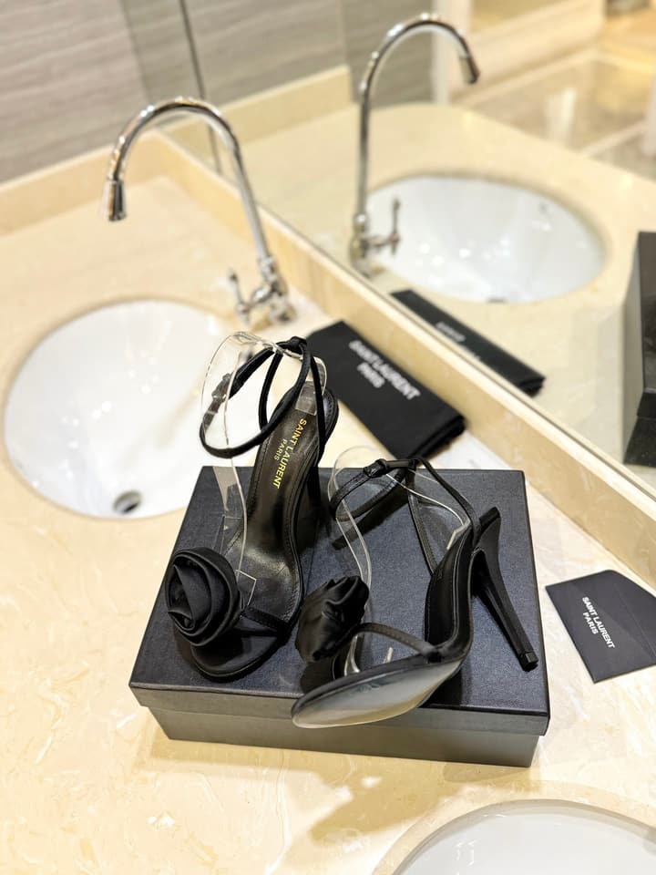 Saint Laurent YSL Flower Buckle Heeled Sandals in Black