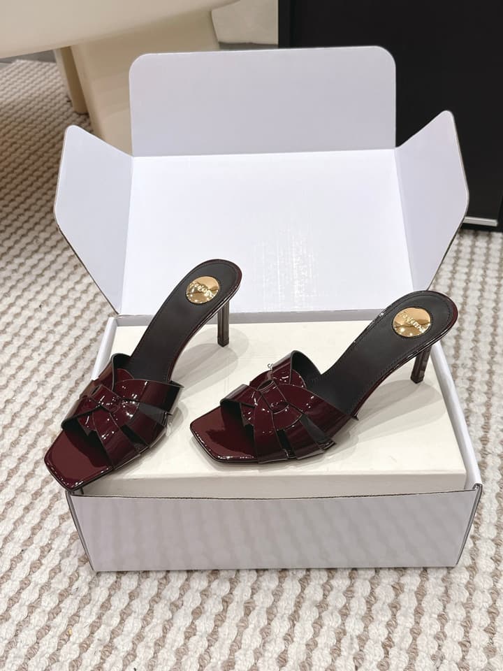 Saint Laurent Melody Square-Toe Heeled Sandals – 2026 Spring/Summer Collection in Beige Patent