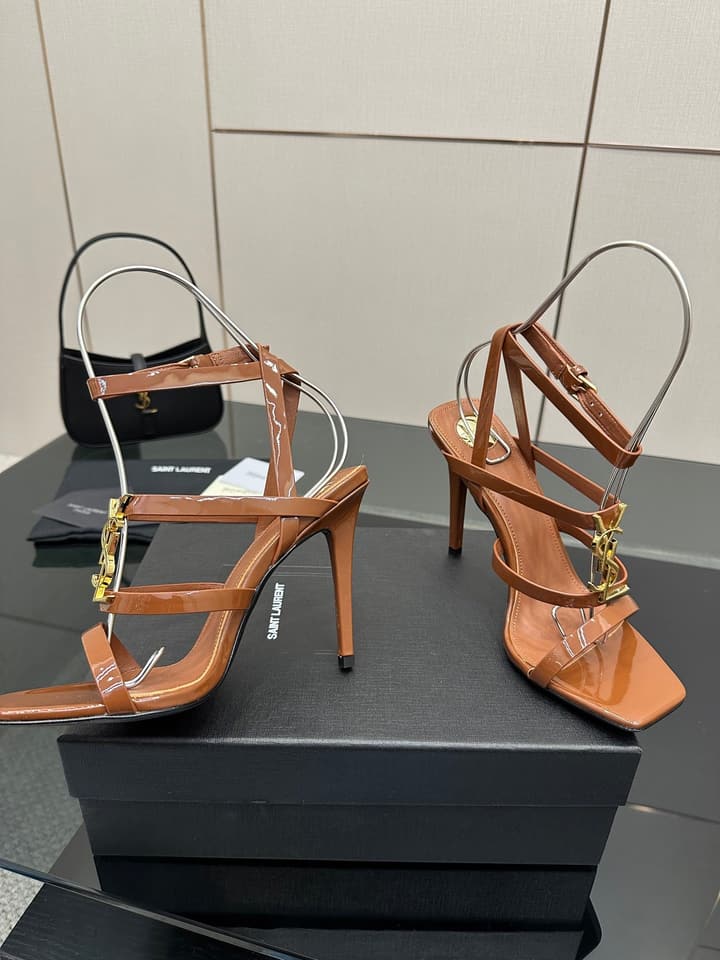 Saint Laurent Patent Leather Heeled Sandals in Bright Amber