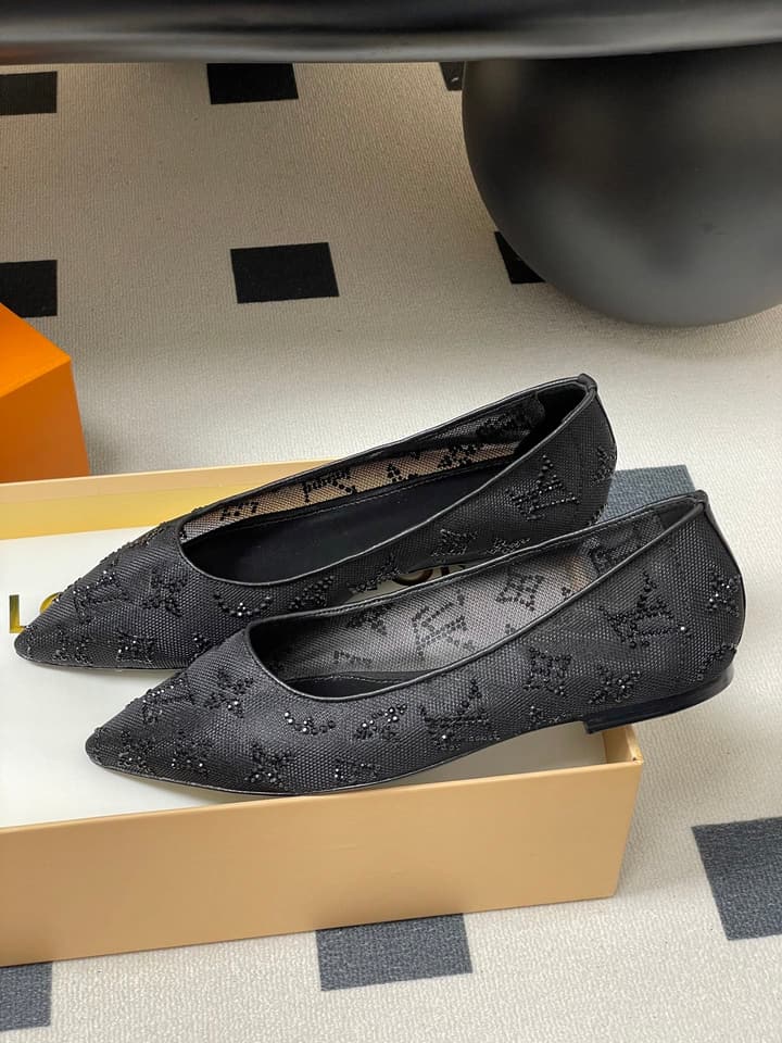 Louis Vuitton Mesh Crystal Pointed-Toe Flats – 25SS Summer Collection in Black Patterned
