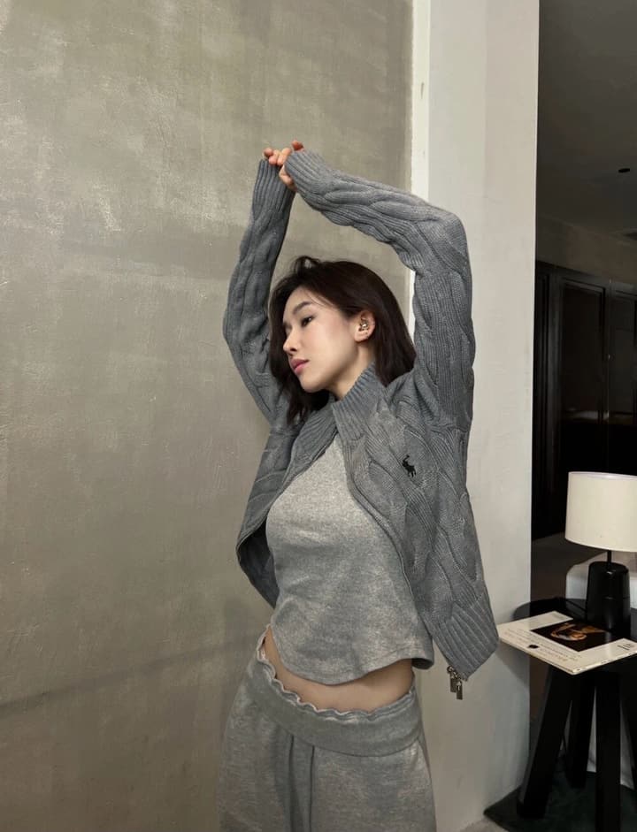 Ralph Lauren Double Zipper Cable Knit Cardigan in Slate Gray