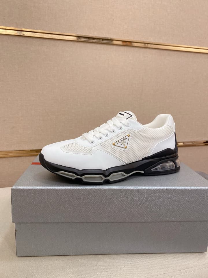 Prada Men's Leather Mesh Sneakers – New Collection in Light Grey With White Logo