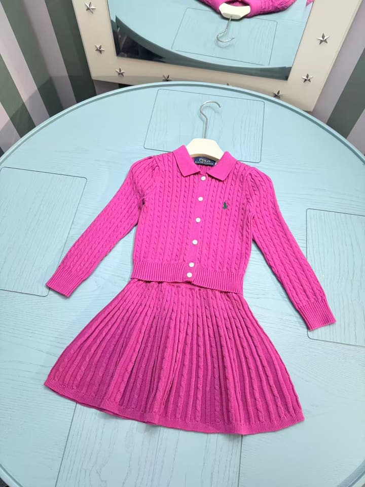 Ralph Lauren Girls' Knit Cardigan and Skirt Set – 2025SS in Fuchsia Pink Set