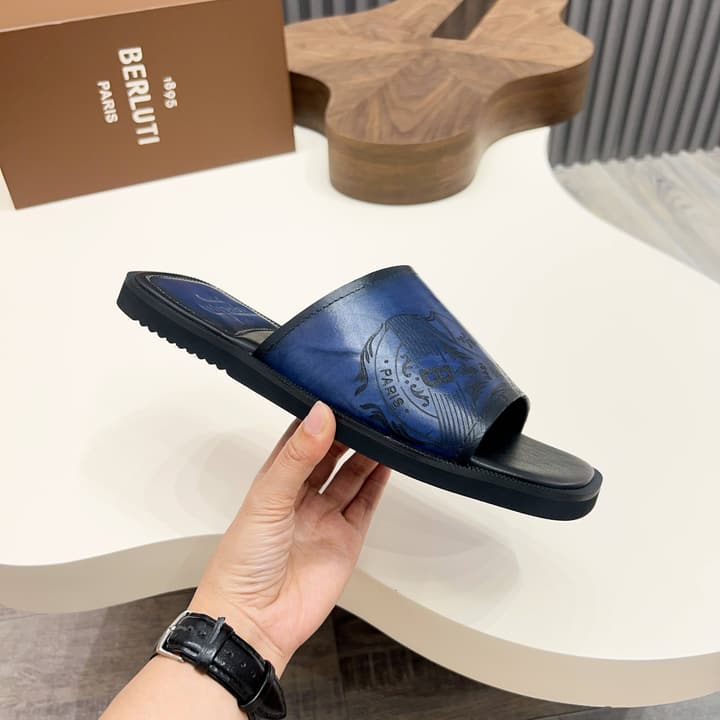 Berluti Hand-Painted Calfskin Slippers in Matte Black