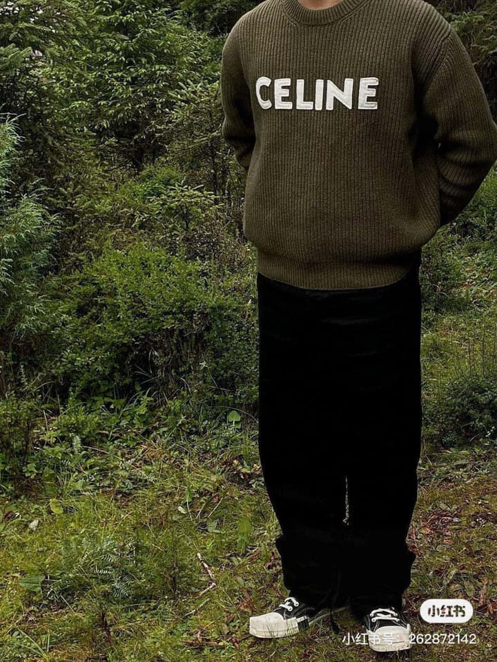 Celine Classic Embroidered Crewneck Sweater in Army Green