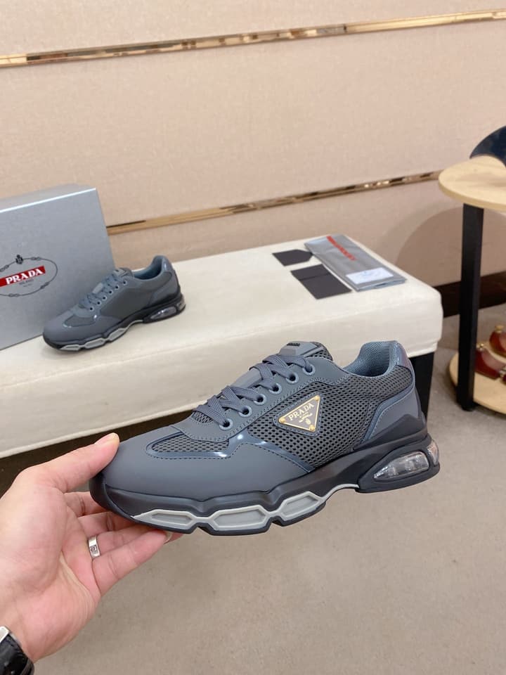 Prada Men's Leather Mesh Sneakers – New Collection in Light Grey With White Logo