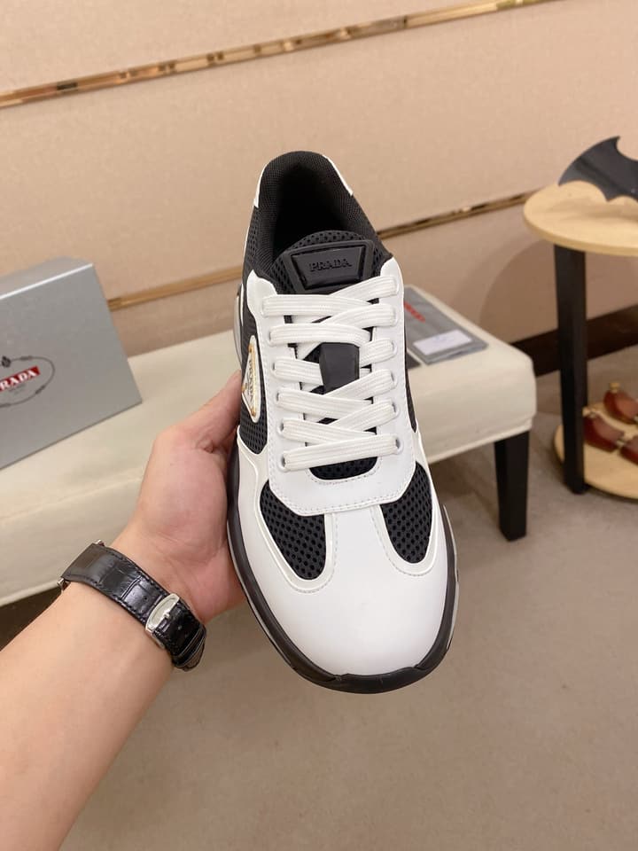 Prada Men's Leather Mesh Sneakers – New Collection in Light Grey With White Logo